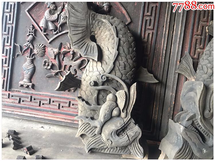鳌鱼牛腿一对-古代老木雕-古建筑构件j-5207