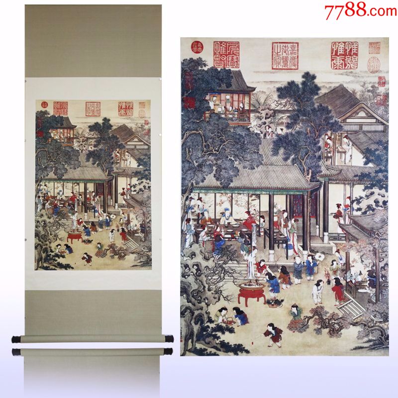 姚文瀚岁朝欢庆图绢画古代中堂画风景山水人物餐客厅名人字画装饰