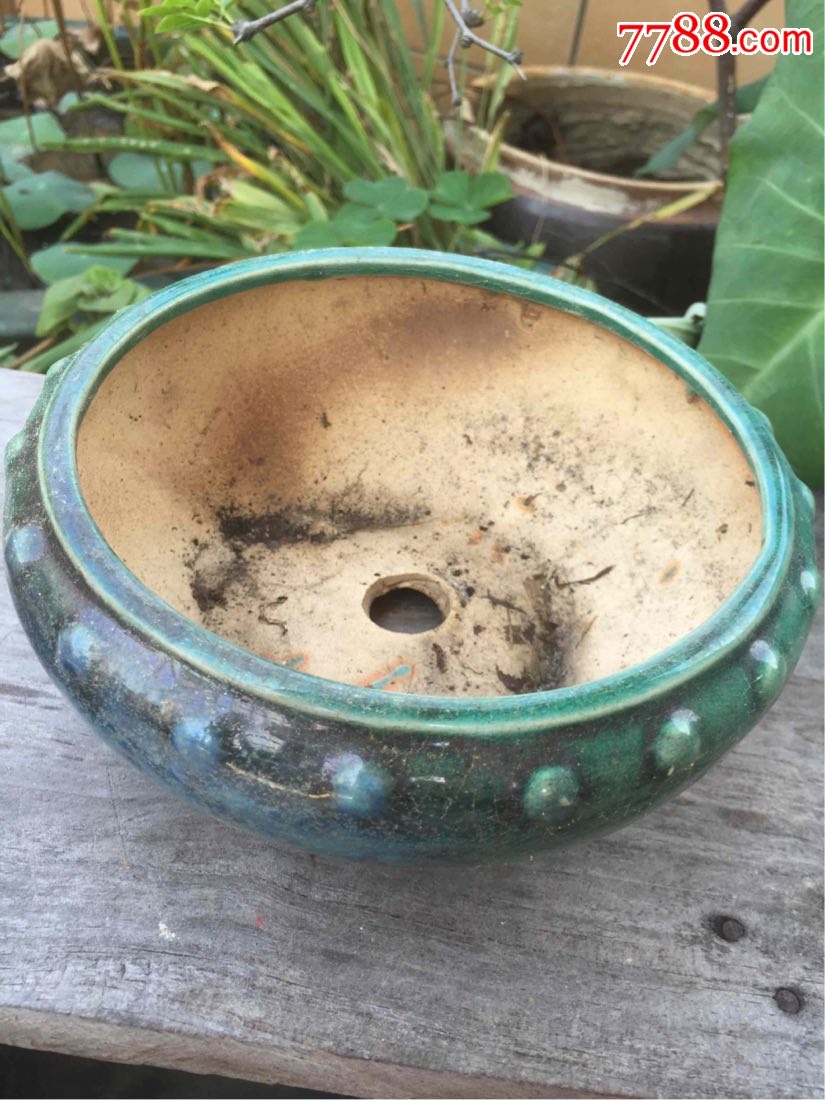 精美老石湾青蓝窑变/古钉花盆!包浆老开片漂亮,釉水饱满迷人!