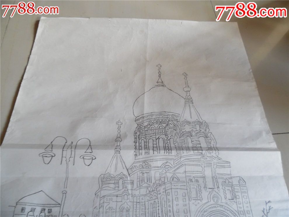 哈尔滨的【索菲亚教堂】铅笔画---包老71厘米--48厘米