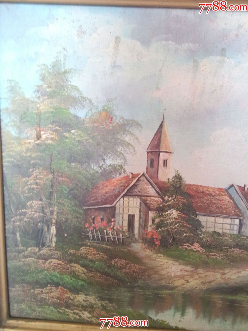 老布面风景油画—清凉夏日的湖边小屋