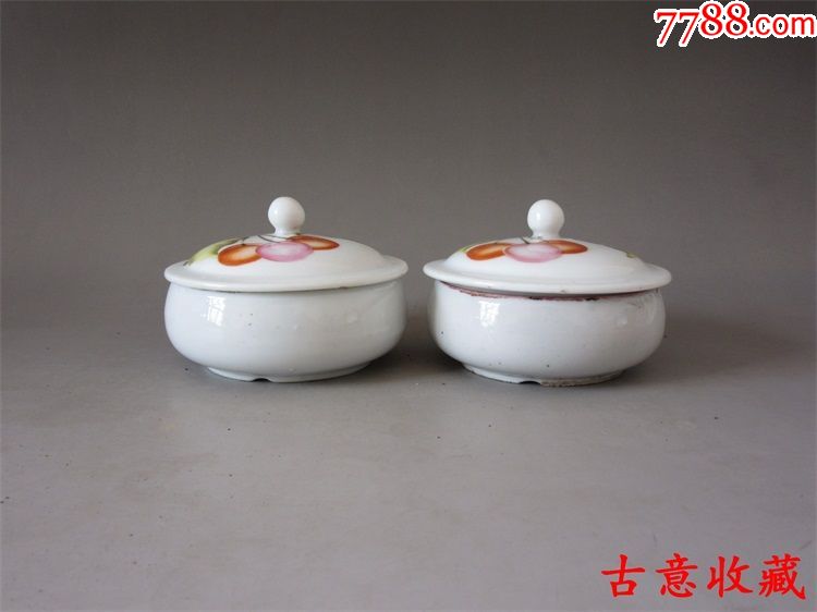 古玩瓷器收藏爱好民国山加硬质瓷业出品樱桃图案粉盒一对