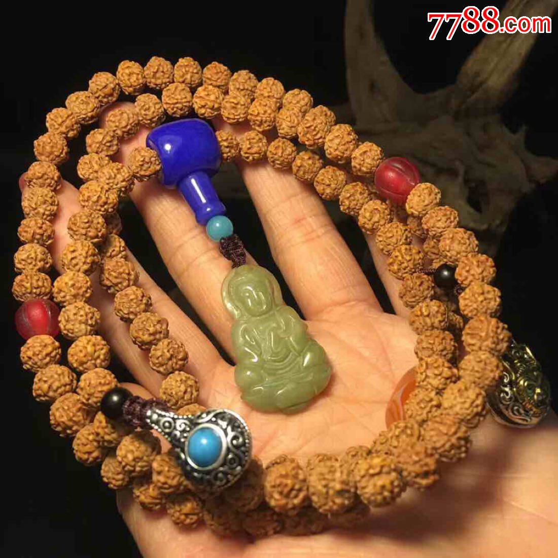 尼泊尔五瓣小金刚108颗佛珠手链搭配:琉璃瓜珠缠丝玛瑙桶珠蓝琉璃三通