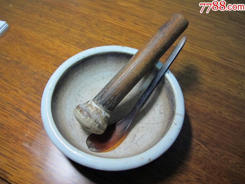 清代瓷器极美清代青花药钵一套带牛角勺子有冲线真品古代瓷器杂项