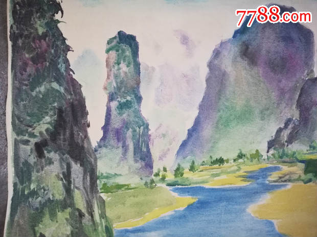 颇具韵味的文革双面手绘山水画_水粉/水彩原画_尚品斋