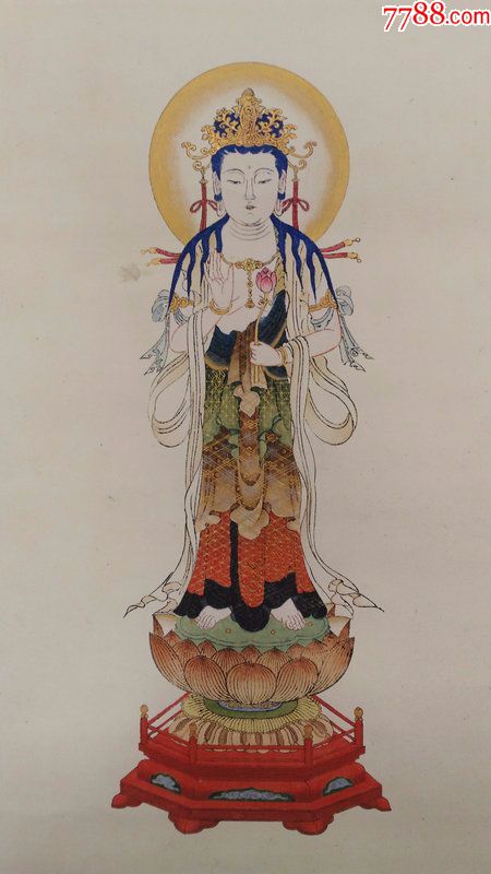 日本回流字画收藏品近代木刻彩色套印描金莲台观音菩萨像绫裱590