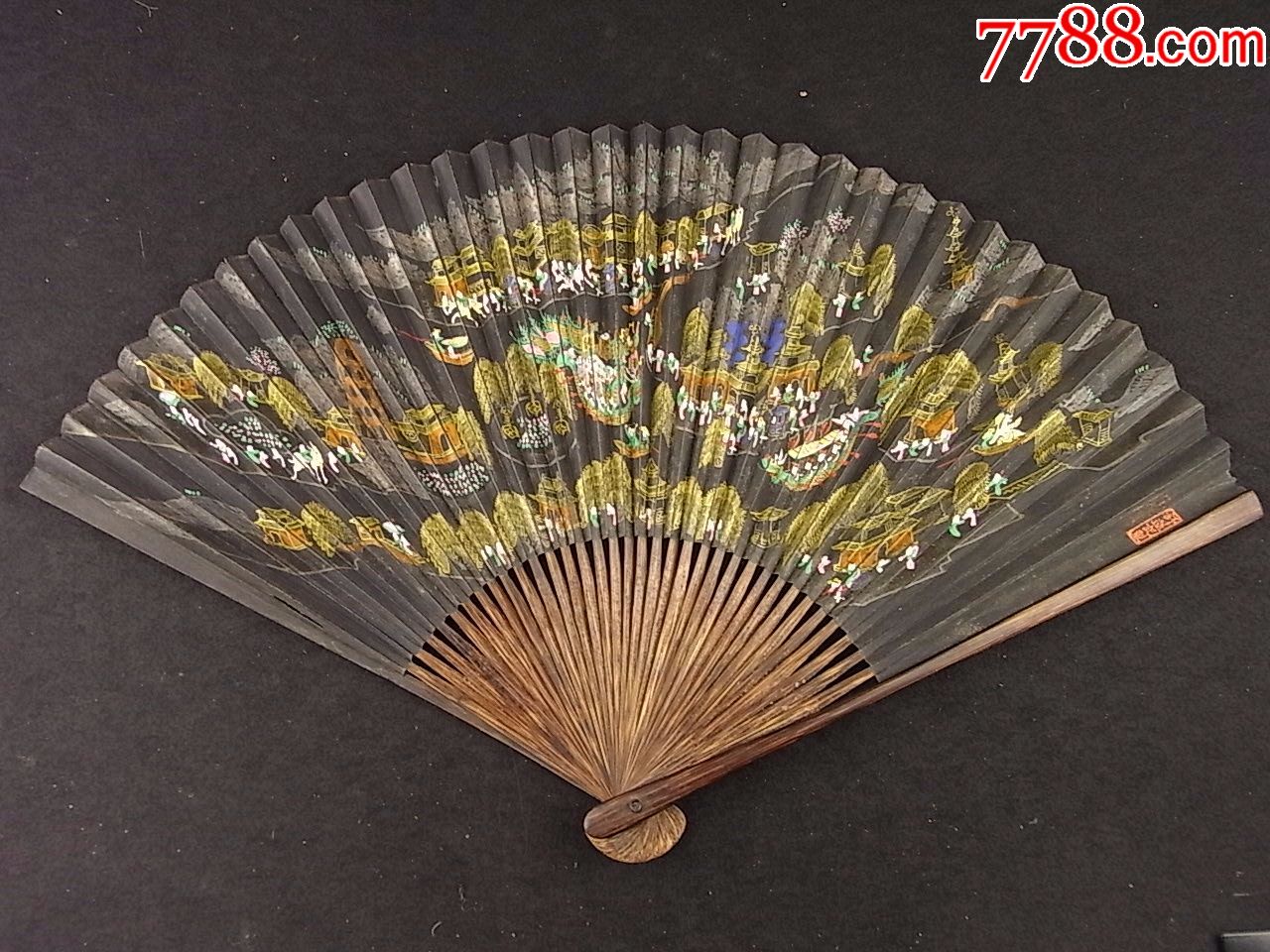 民国精品成扇"舒莲记制"大扇庄墨地描金兼彩绘水浒传108将