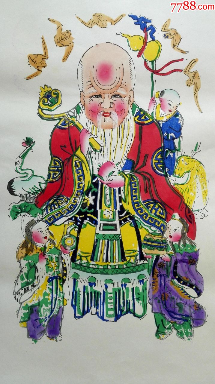 七八十年代木版套印手工上色杨柳青年画《寿星》1
