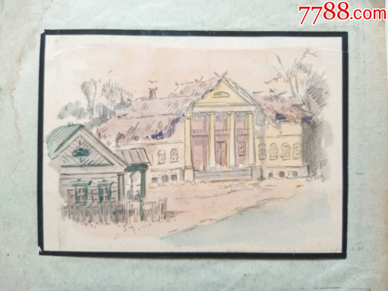 民国手绘水彩画稿原稿《建筑街景》