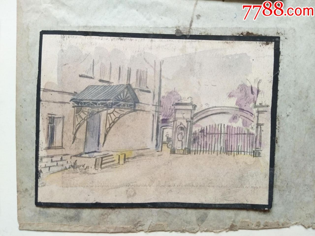 民国手绘水彩画稿原稿《建筑街景》