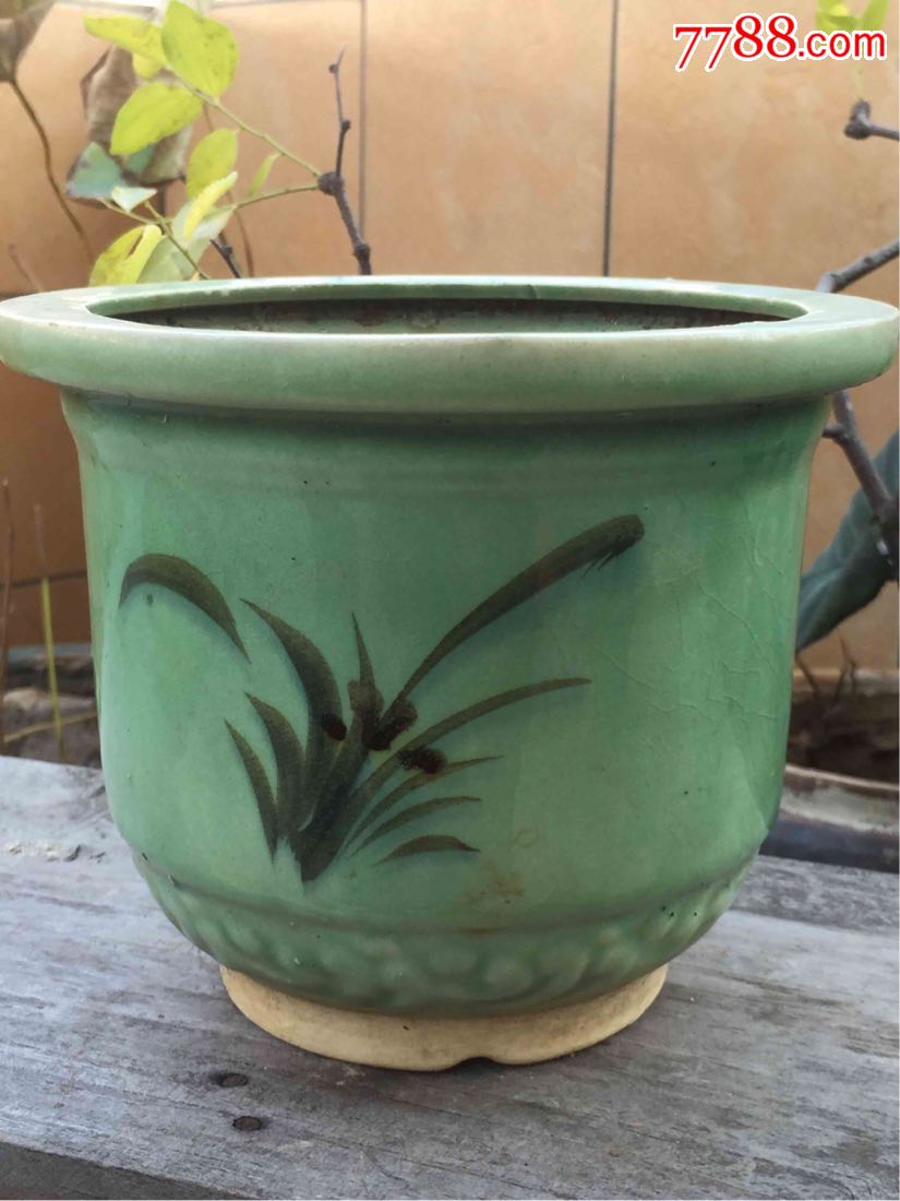 手绘花草绿釉兰掰口花盆,品好!收藏摆设怀旧老物件,种植盆栽