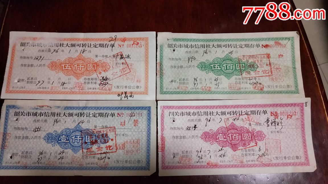 韶关市城市信用社大额可转让定期存单4张一套