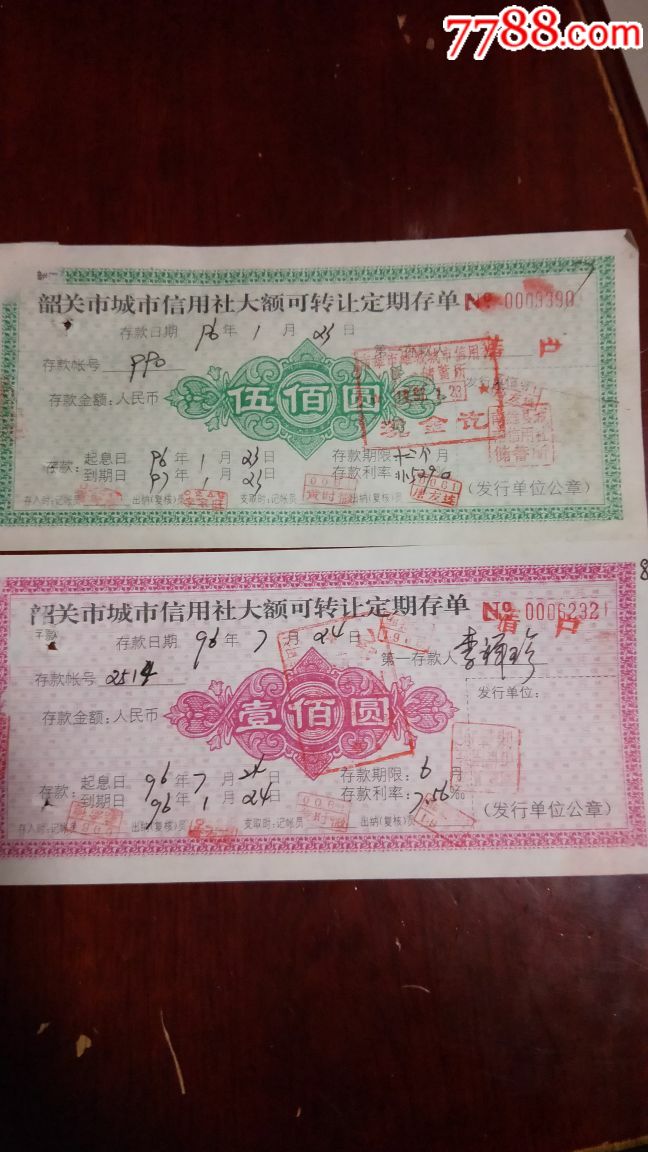韶关市城市信用社大额可转让定期存单4张一套