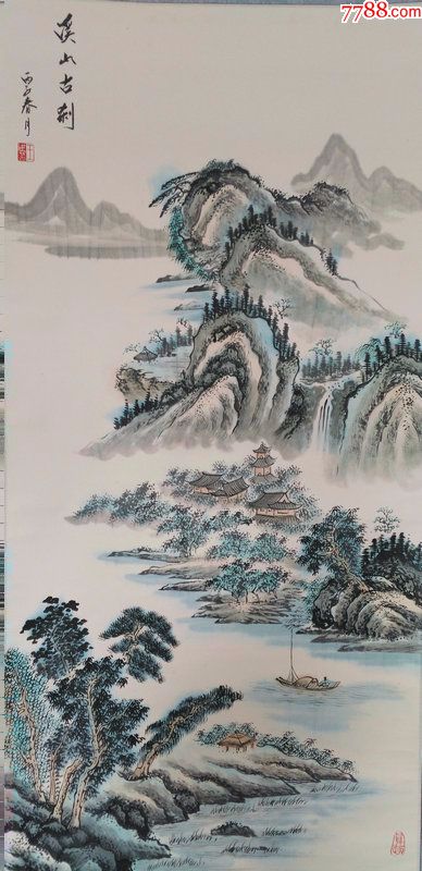 中国画近代纸本山水画淡彩溪山古刹图王世超款大中堂书房挂轴616