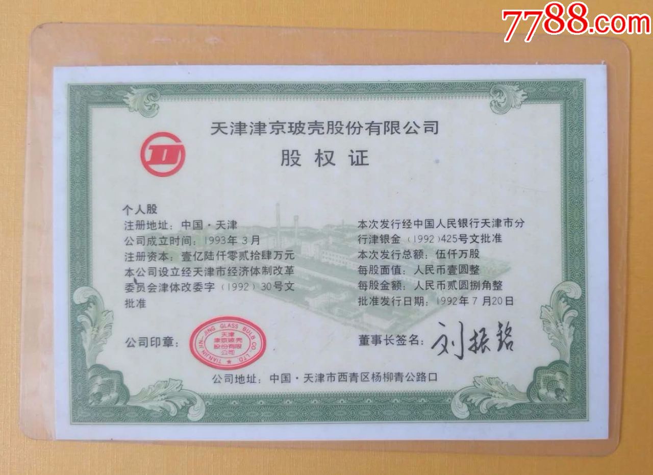 上市公司-天津玻壳股份公司股权证(已塑封)