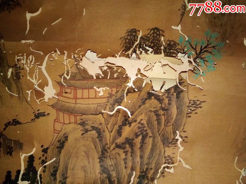 保证纯手绘老绢画山水画国画,虫蛀比较严重,古董古玩古字画收藏