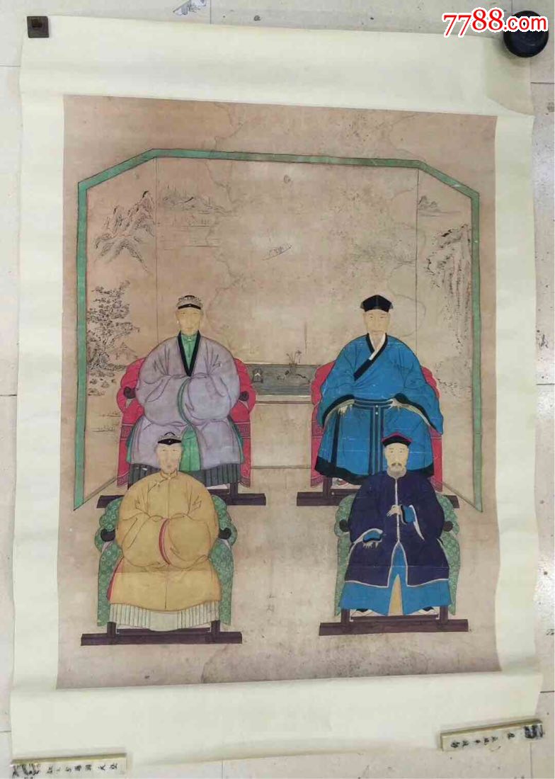 清代休闲祖画画工精美后面山水休闲图中间画有如意花插铜炉画心长108