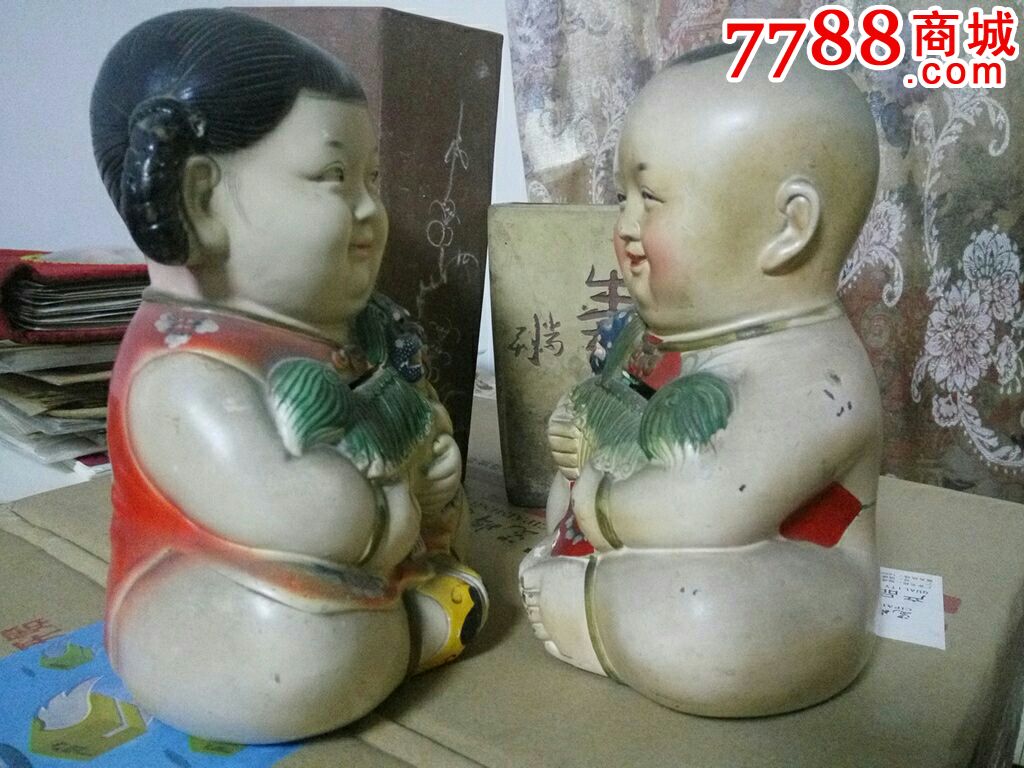老货纯正泥塑大号一对阿福喜彩娃储钱罐老轴难得自然旧