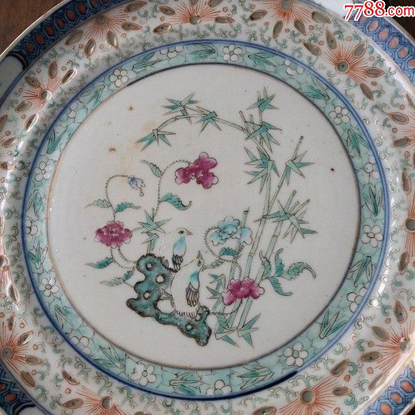 少见【细路】清代青花加粉彩安家乐业(鹌鹑竹子)玲珑瓷赏盘一对