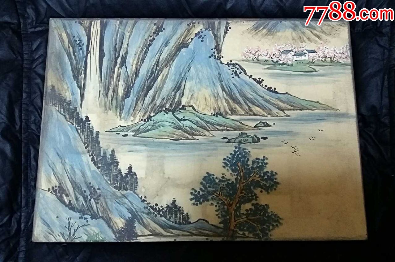 早期紫砂泥绘山水图大号陶板画赏板全品完美