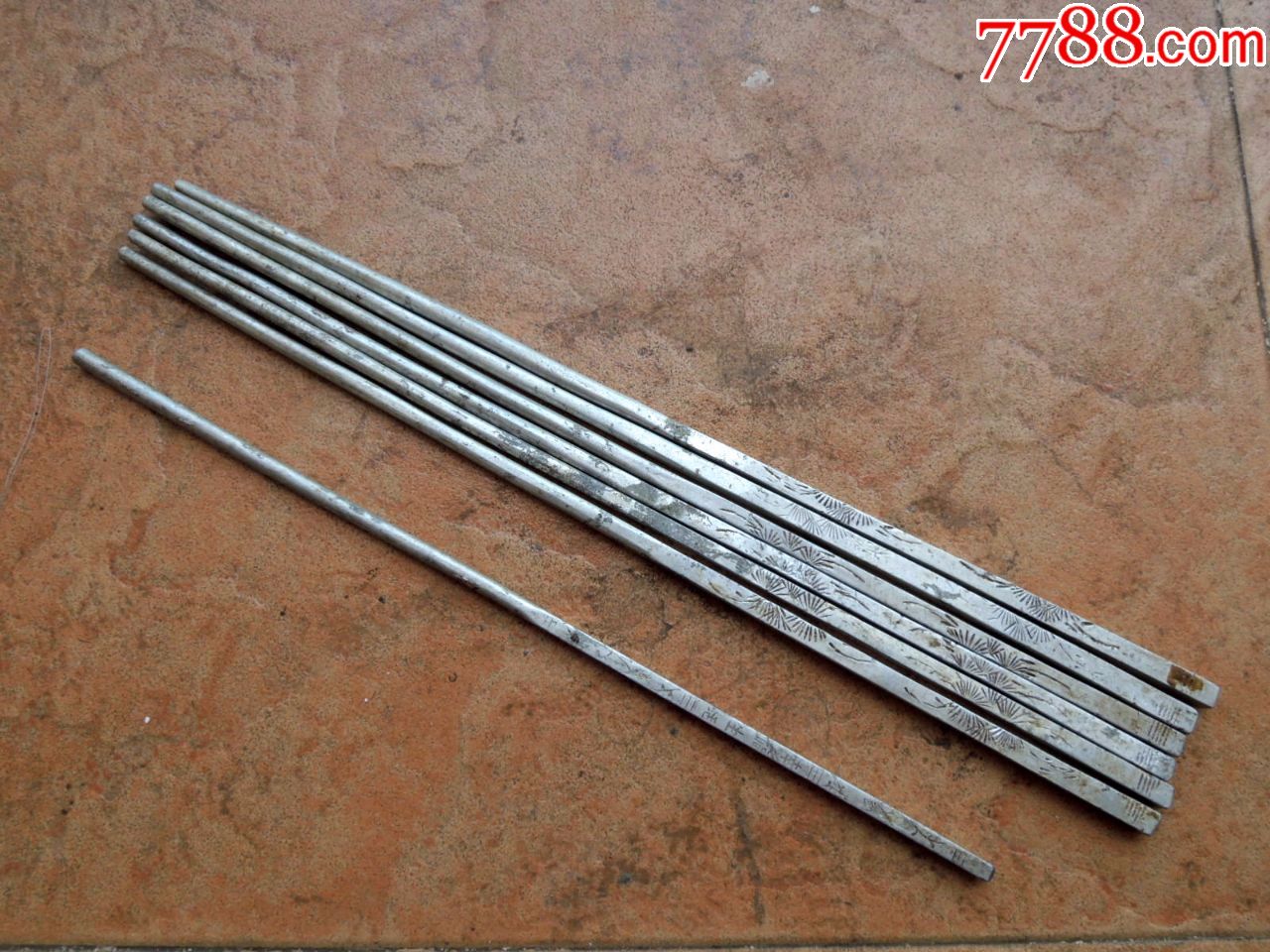 怀旧收藏1802解放初期四面刻松柏铝制筷子6加1只235cm