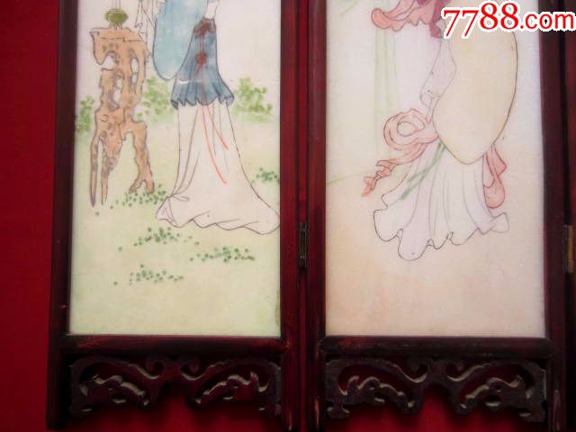 【古典美女——彩色山水画】大理石三条屏——手绘少见!双面图案!