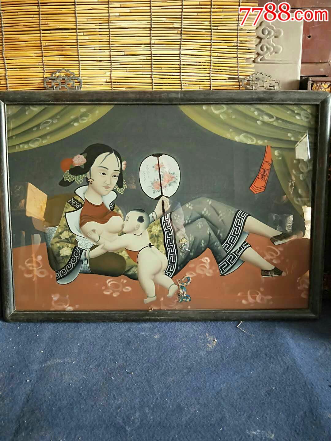 清代,精品仕女图玻璃画一幅,此画画工人物精细逼真,全