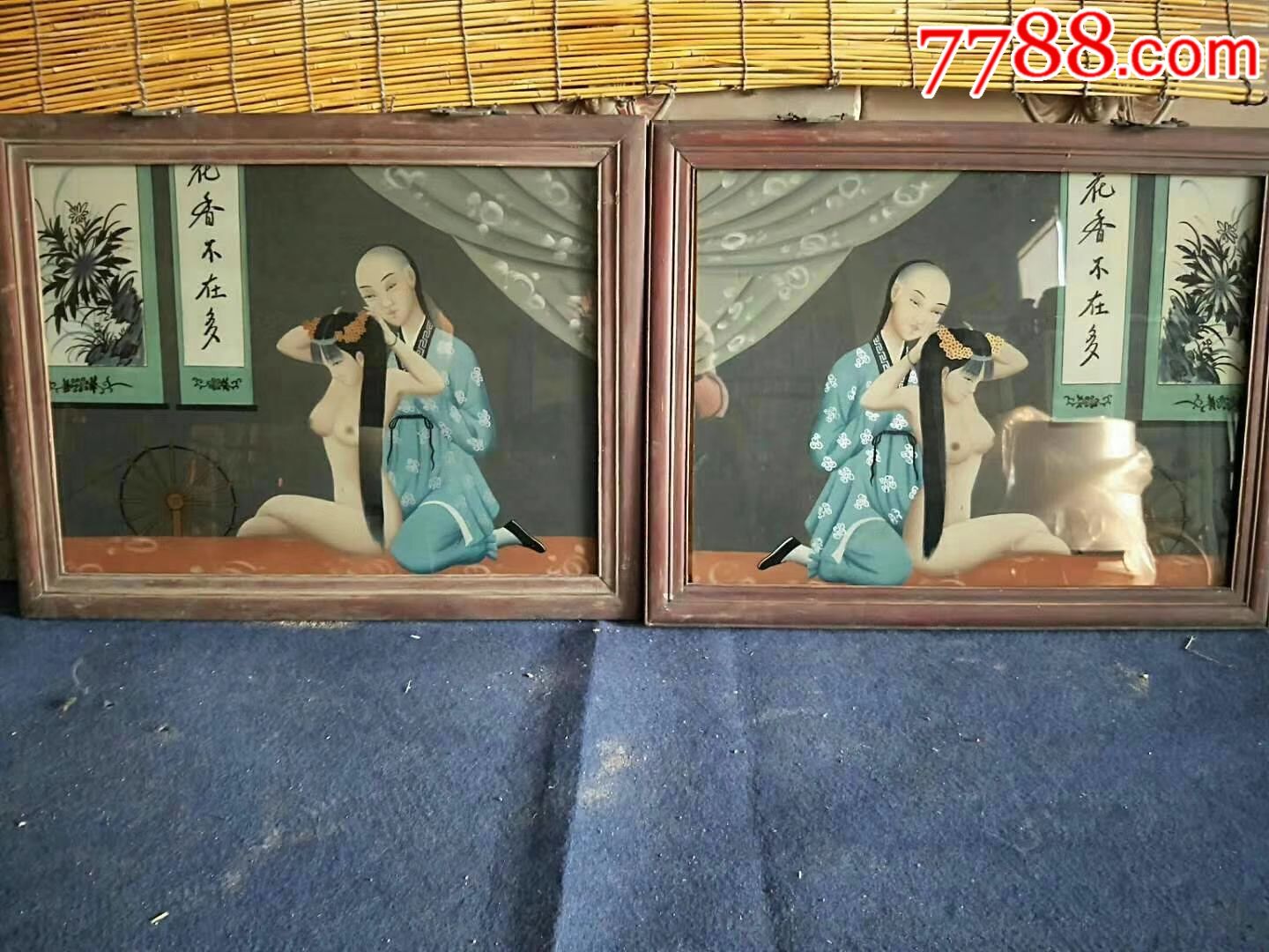 清代精品玻璃画一幅此画仕女照镜梳红妆画工人物精细逼真全品包老咖啡