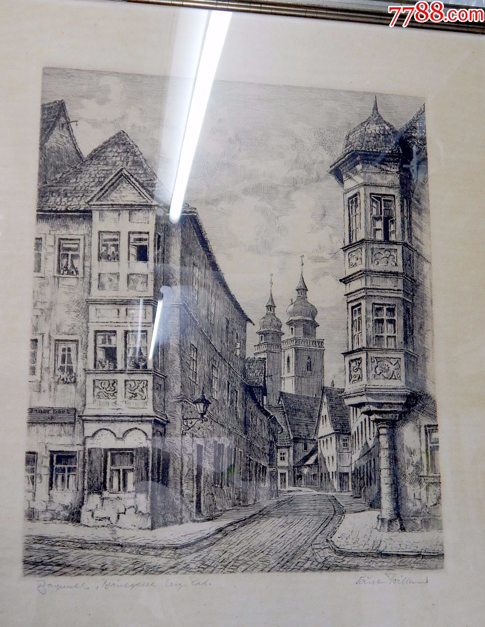 德国铜版画《街道风景,连镜框