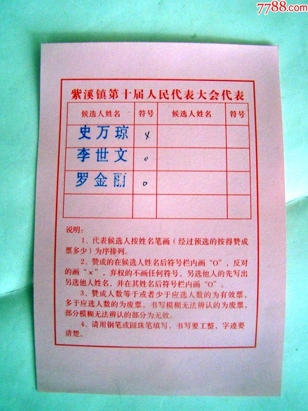 紫溪镇第十届人民代表大会选票