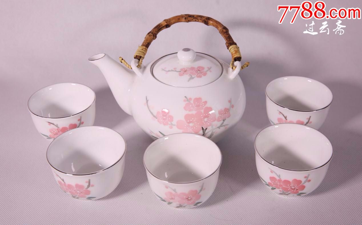 醴陵群力瓷厂90年代手绘红梅花竹叶6头茶具(一壶5杯)