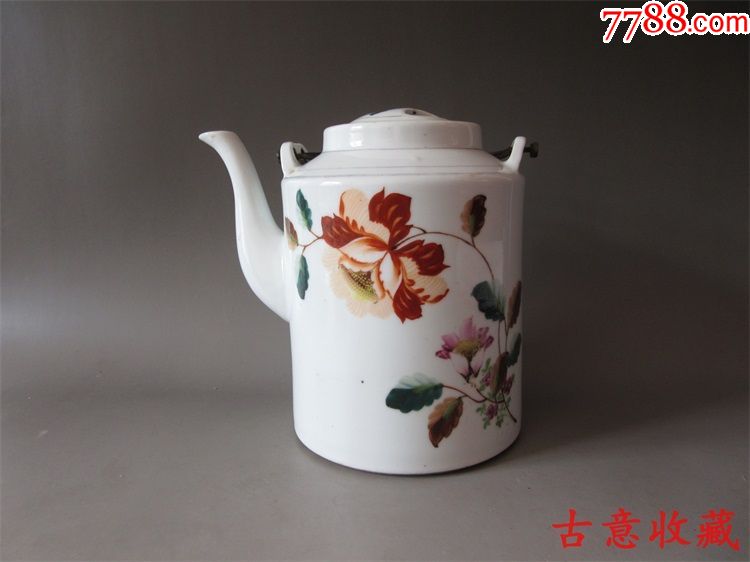 老瓷器收藏爱好六十年代景德镇印线六边形款一枝独秀提梁茶壶一把