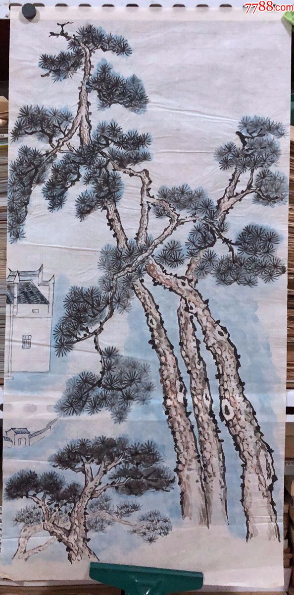 90年代手绘真迹【杨炯】国画,65,工笔写意花鸟画,松树