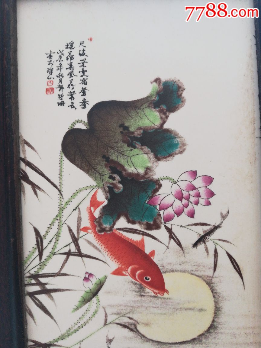 古玩杂项,字画挂画瓷板画一套,四条屏木框装裱可悬挂