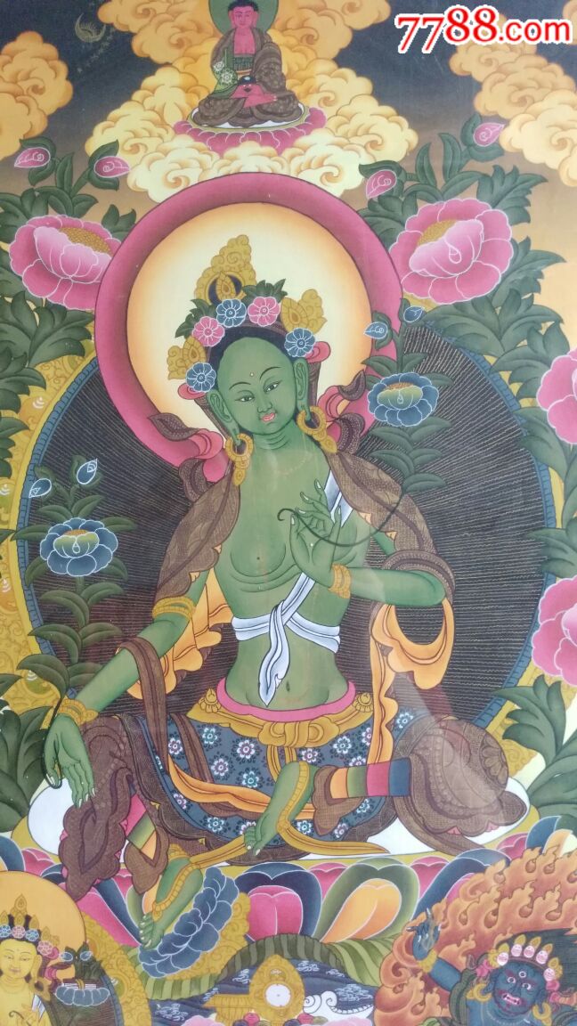 手绘绿度母唐卡