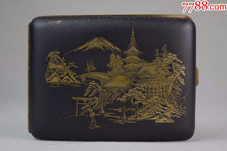 日本古董收藏品烟具工匠作品精美手工雕金烟盒京都山水经典推荐