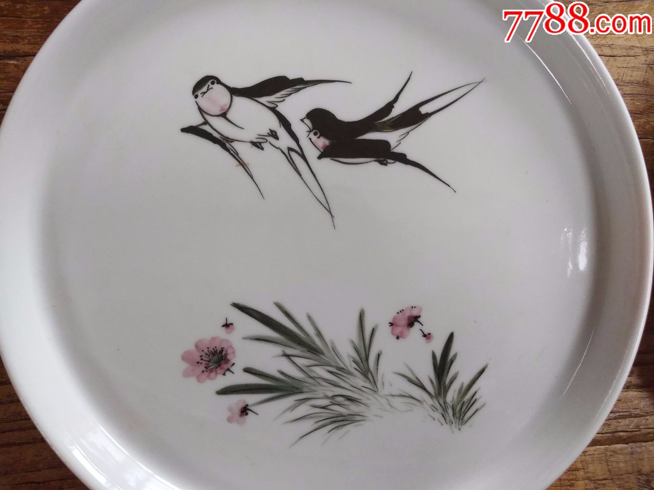 文革前釉下彩双燕图茶盘瓷盘茶洗一对全品漂亮