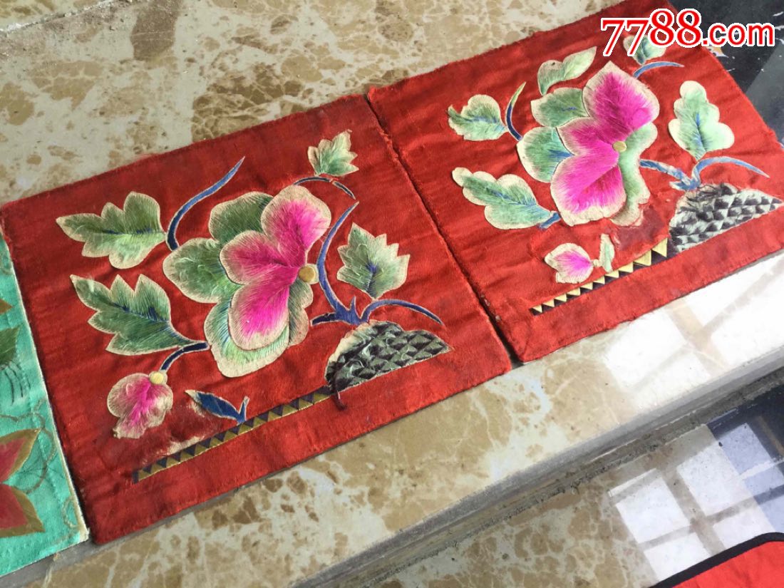 老绣枕顶绣片两对四片合售老绣品