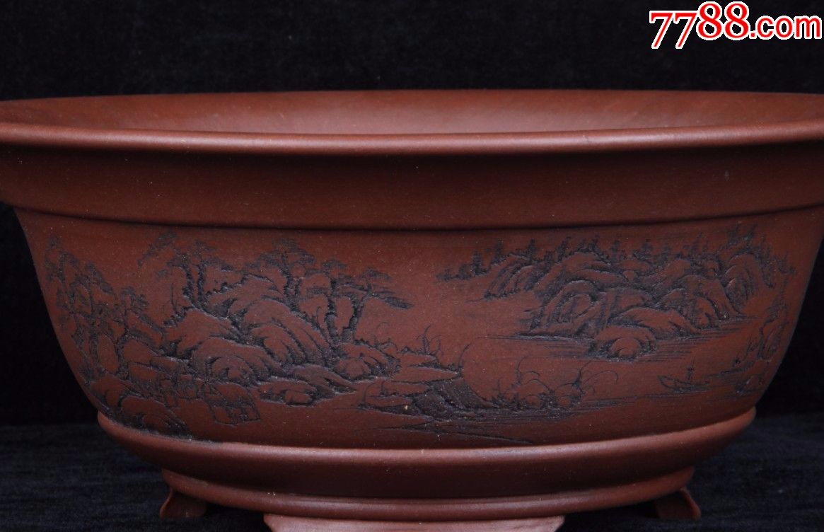 朱水明早期精刻山水紫泥大碗盆-se59256891-其他紫砂