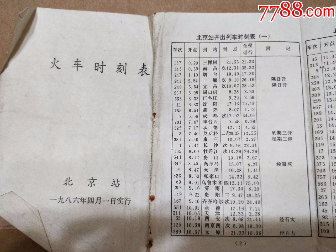 86年北京站火车时刻表(hh:166)