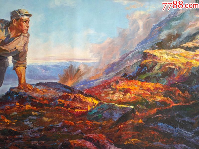 朝鲜功勋画家姜胜烈大幅革命宣传油画消灭敌人的机枪