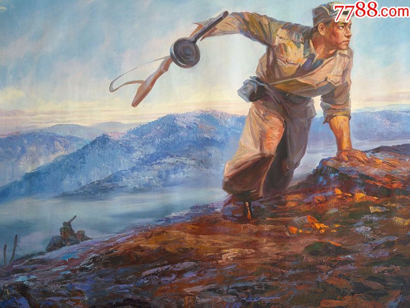 朝鲜功勋画家姜胜烈大幅革命宣传油画消灭敌人的机枪