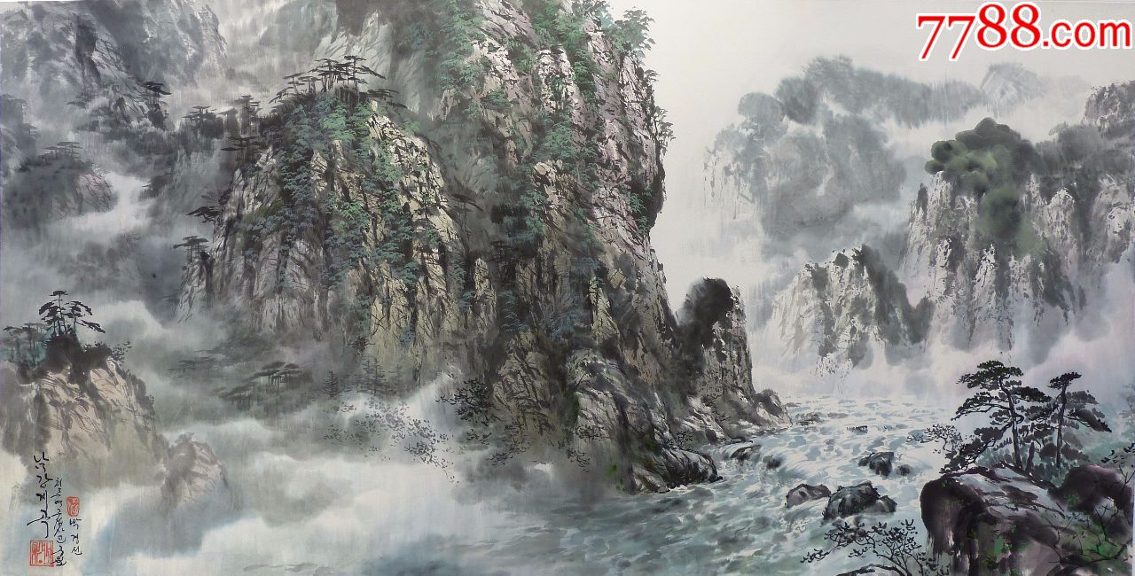 朝鲜水墨画纯手绘朴敬善南江溪谷1994年134x67cm