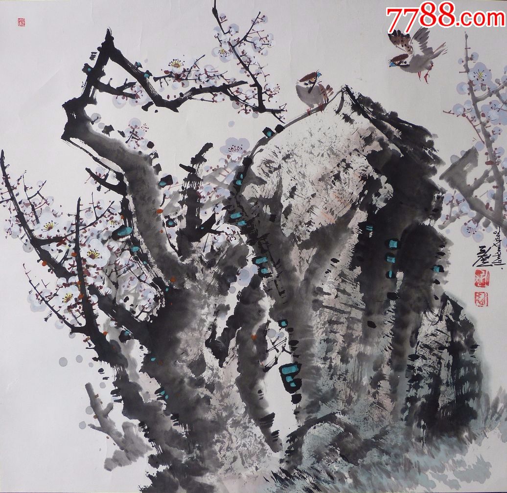 朝鲜水墨画李哲双雀嬉戏62.5x60.5cm_第1张_7788书画网