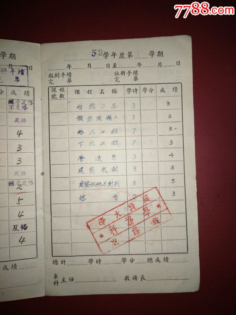 1952你同济大学学籍成绩册,水道专修科.