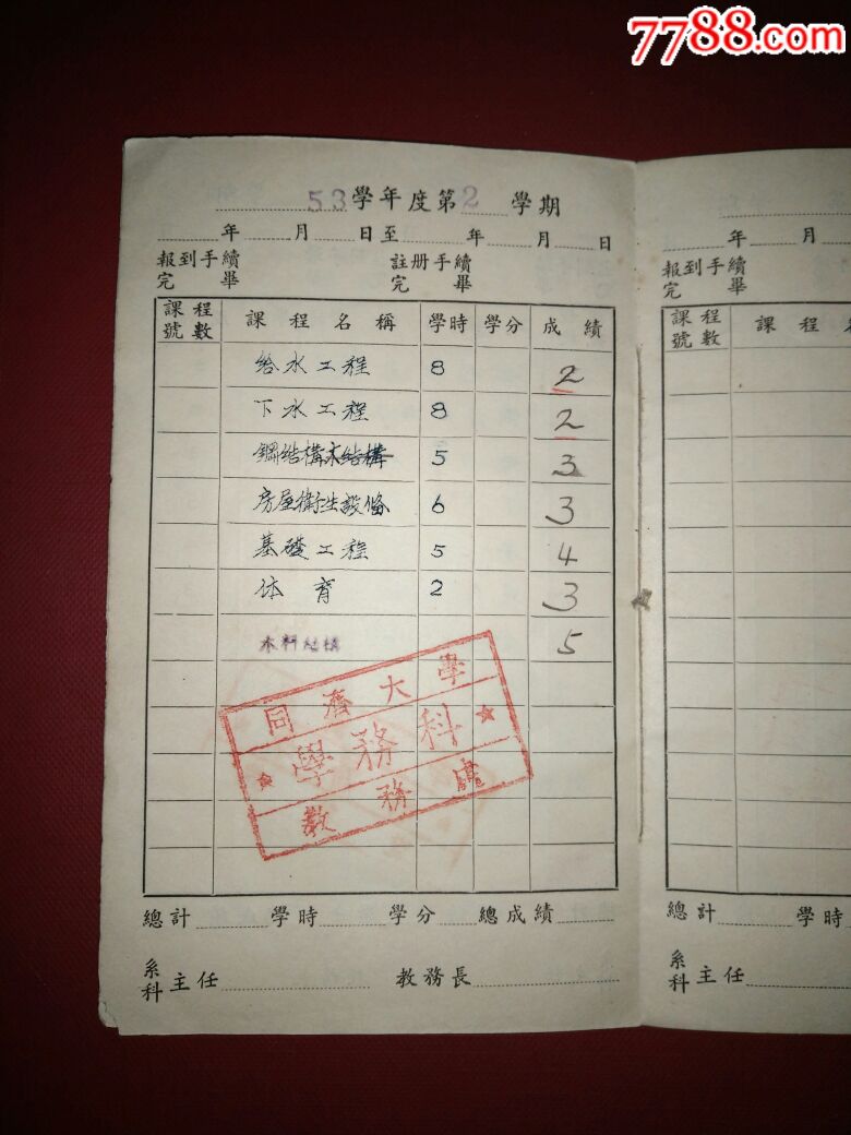 1952你同济大学学籍成绩册,水道专修科.