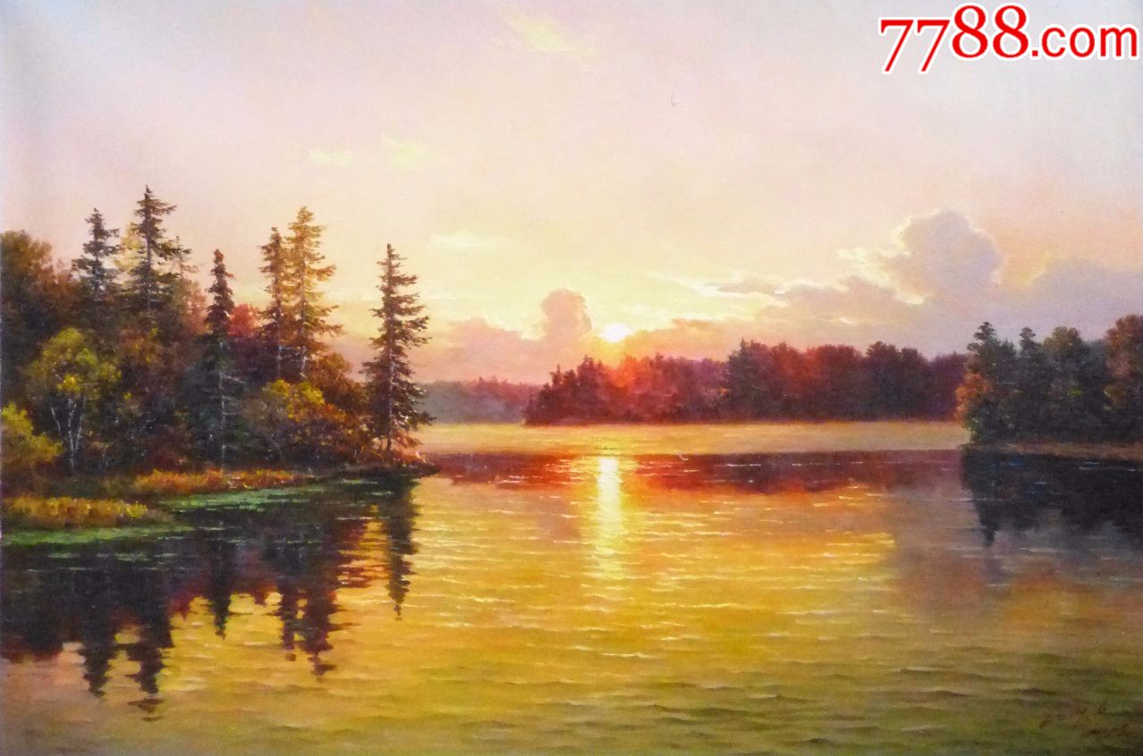 朝鲜油画夕阳倒映120x80cm-油画原画-7788收藏__收藏热线