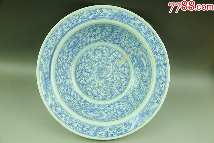 清代嘉庆缠枝莲花纹青花瓷盆明清老瓷器古董古玩陈设摆件包老包真