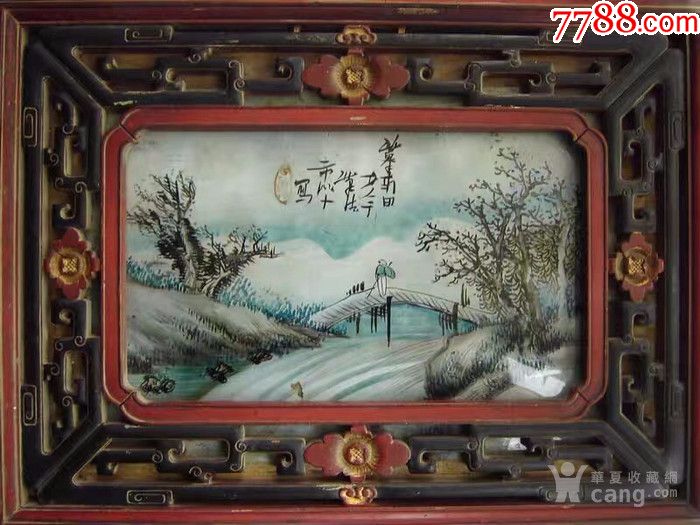 民国木雕玻璃画一对