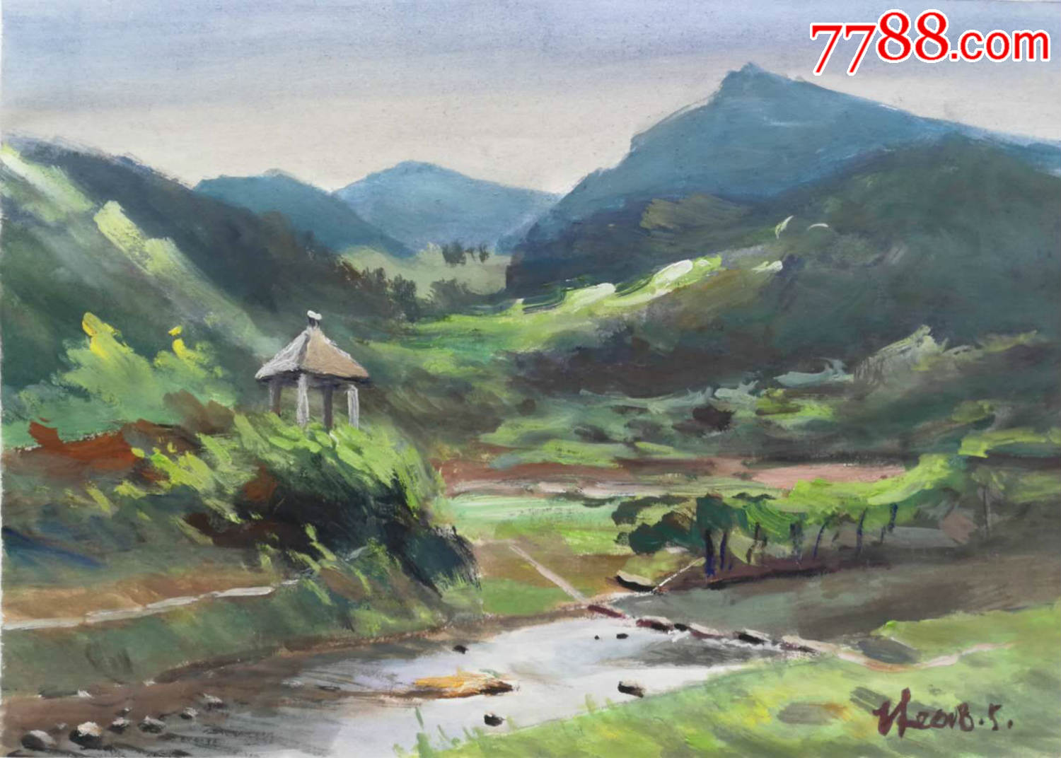 大美风景原作春意盎然水粉画王桂林绘尺寸53x38公分